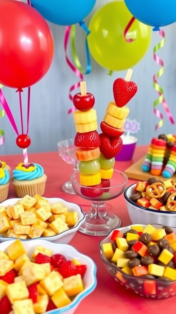Colorful birthday snacks for kids including fruit skewers, mini cupcakes, cheese and crackers, and chocolate-covered pretzels on a festive table.